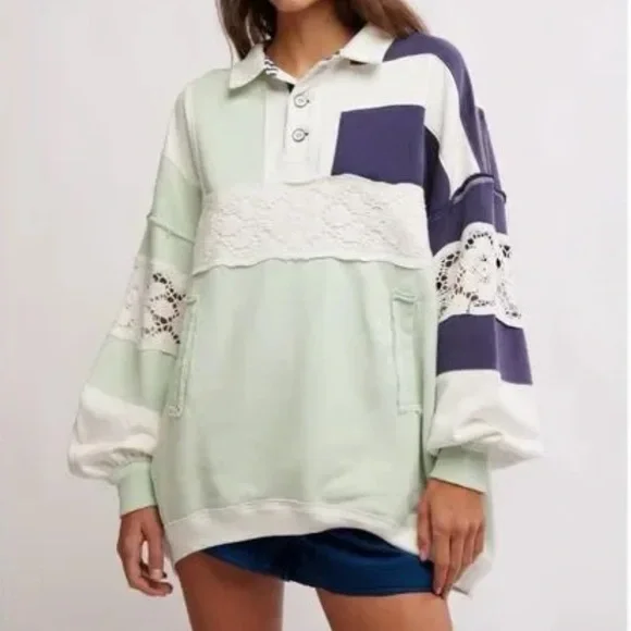 We The Free American Dream Polo Long Sleeve Sweatshirt Colorblock Green Blue S - Picture 1 of 15